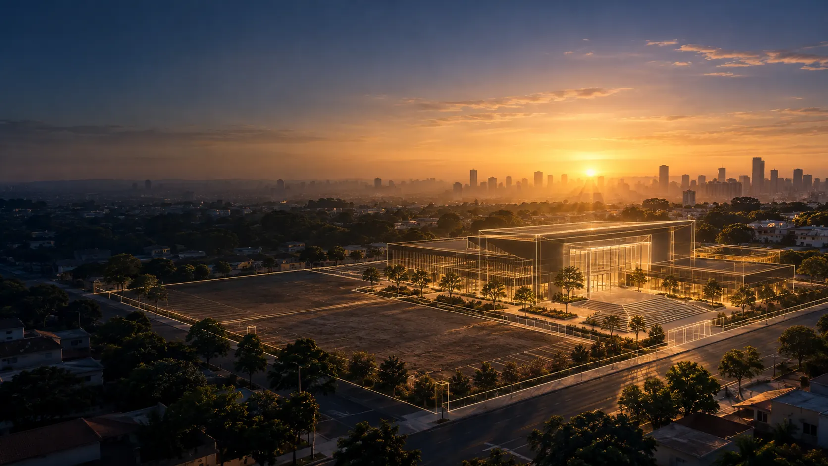 Ilustração da futura igreja em linhas de luz sobre um terreno em Duque de Caxias, ao amanhecer