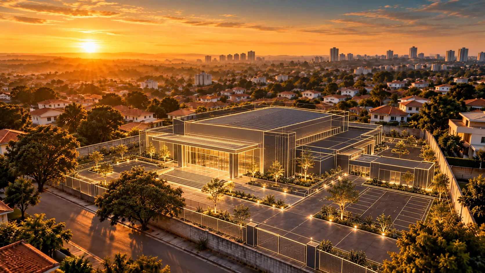 Ilustração de uma igreja moderna iluminada ao pôr do sol, em meio ao bairro
