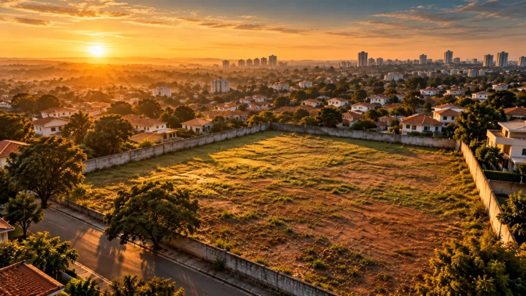Vista aérea de um lote vazio cercado por casas, ao amanhecer