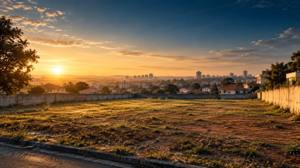 Terreno urbano vazio ao amanhecer, com a cidade ao fundo